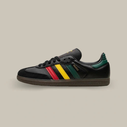 Adidas Samba OG Black Rasta noire avec bandes rouge jaune et vert – sneaker vue de profil. Disponible sur Offsneakz.