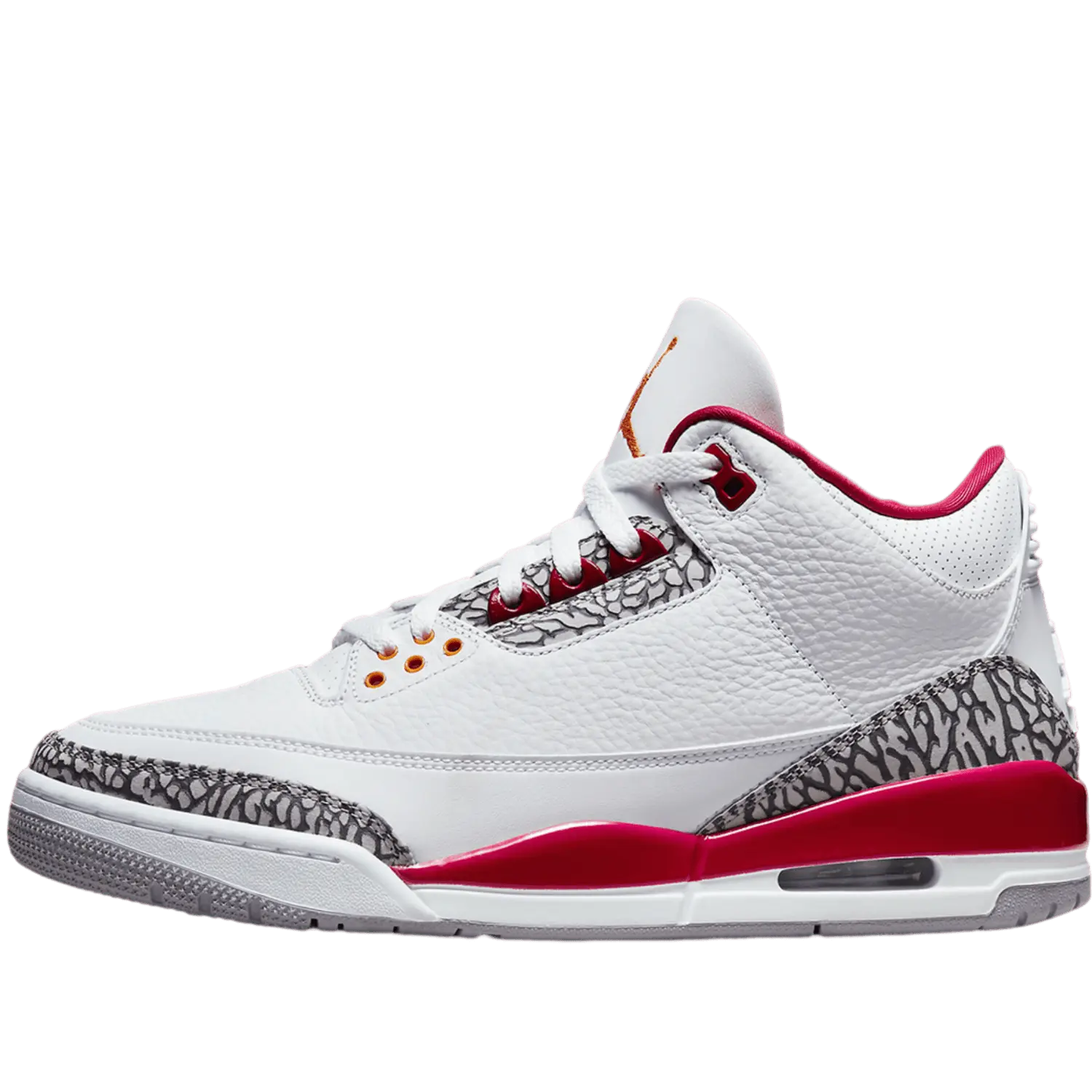 Une air Jordan 3 de couleur blanche et rouge sur un fond transparent.