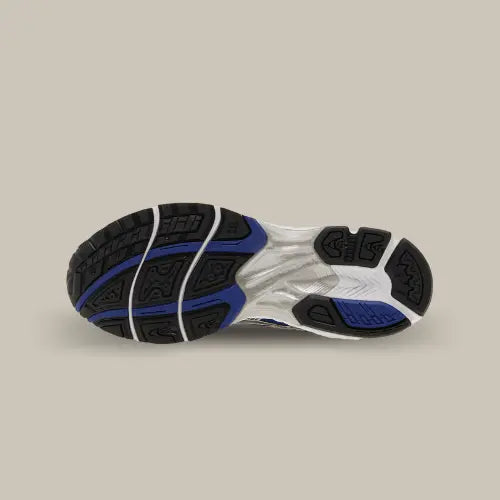 La semelle de la ASICS Gel-Kayano 14 Monaco Blue Silver de couleur noir et bleu.