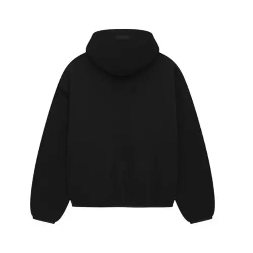 Dos du hoodie Fear Of God Essentials NBA noir uni, coupe oversize minimaliste en coton premium. Disponible sur Offsneakz.