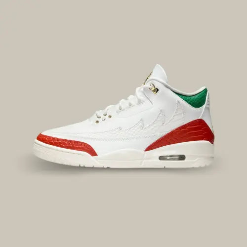 Jordan 3 Retro El Vuelo Summit White – sneaker hommage au Mexique avec cuir blanc, accents rouges et verts, disponible sur Offsneakz.