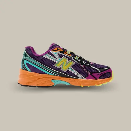 Baskets New Balance 740v2 Concord Grape Sun Glow – sneakers running au design rétro avec tige en mesh violet, détails turquoise et orange, semelle ABZORB, disponibles sur Offsneakz