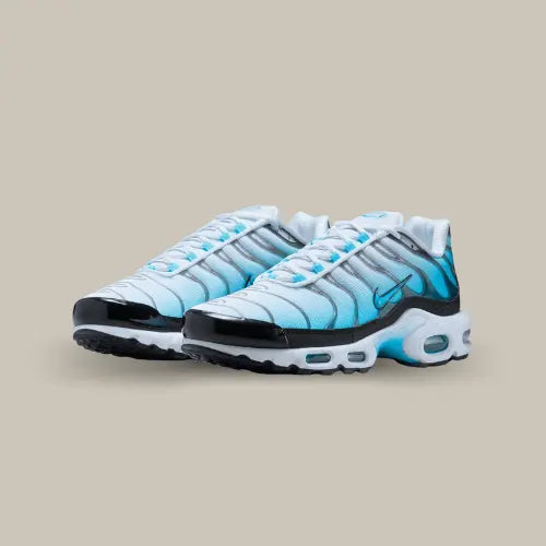 La Nike Air Max Plus Baltic Blue possède une tige en mesh avec un dégradé allant du blanc au bleu clair. On retrouve les empiècements en TPU noir avec la semelle blanche contenant l'unité Air Sole.