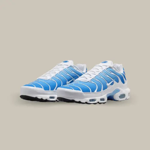La Nike Air Max Plus Sky Blue possède une base en mesh avec un coloris bleu ciel. On retrouve les empiècements en TPU blanc et une semelle blanche comprenant le système Air Sole avec des bulles transparentes. 