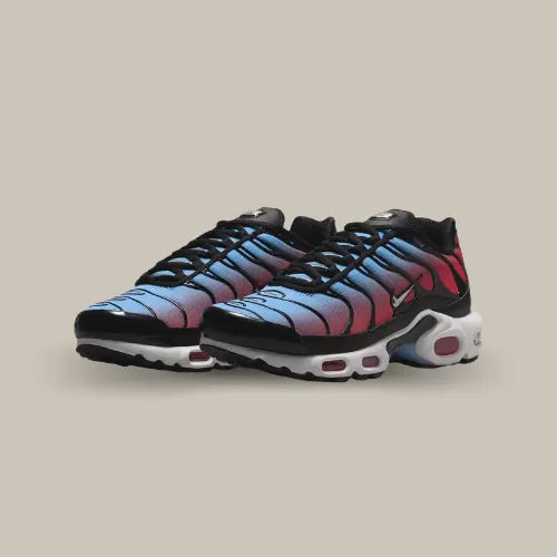 La Nike Air Max Plus TN University Blue Light Crimson possède une base en mesh respirant dans un dégradé de couleur allant du bleu au rouge. On retrouve ses éléments en TPU noir rappelant les palmiers de Floride. La semelle est composé de bulle d'air visible de couleur rouge.
