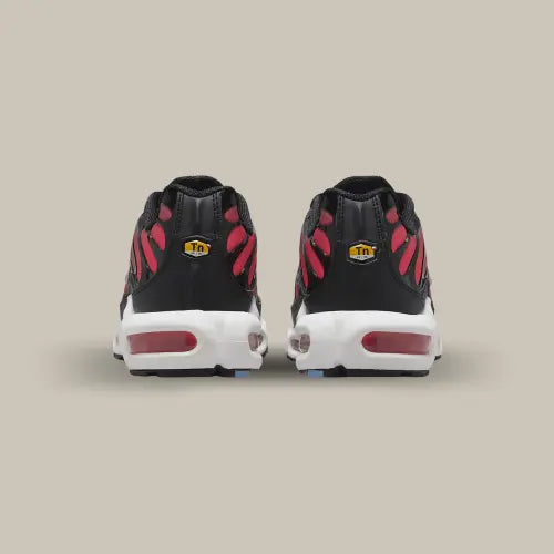 L'arrière de la Nike Air Max Plus TN University Blue Light Crimson avec son talon en TPU noir et le logo Tn en jaune.