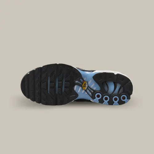 La semelle de la Nike Air Max Plus TN University Blue Light Crimson de couleur noir et bleu.