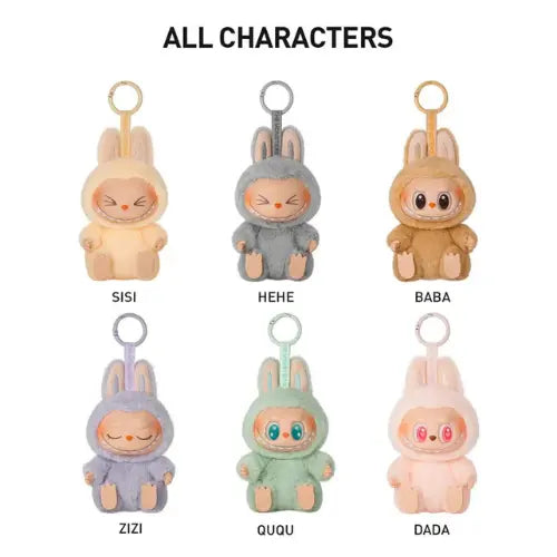 Tous les personnages Pop Mart Labubu Have a Seat – figurines peluche vinyle assises en blind box : Sisi, Hehe, Baba, Zizi, Ququ et Dada, série The Monsters.