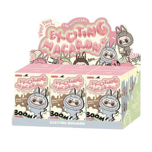 Présentoir Pop Mart Labubu Tasty Macarons – coffret blind box The Monsters Vinyl Face, figurines surprises au style kawaii et gourmand.