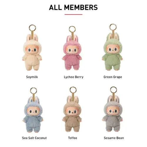 Tous les modèles Pop Mart Labubu Tasty Macarons – figurines Vinyl Face blind box : Soymilk, Lychee Berry, Green Grape, Sea Salt Coconut, Toffee, Sesame Bean.