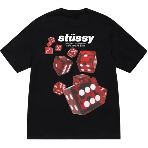 T-shirt Stüssy Rollers noir avec imprimé dés rouges en 3D et logo Stüssy blanc sur le dos. Disponible sur Offsneakz.