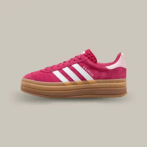 Adidas Gazelle Bold Wild Pink en suède rose avec trois bandes blanches et semelle plateforme gomme - Offsneakz.
