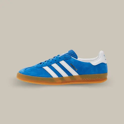 La Adidas Gazelle Indoor Blue Bird Gum de coté avec sa couleur bleu, ses trois bandes blanches et sa semelle en caoutchouc.