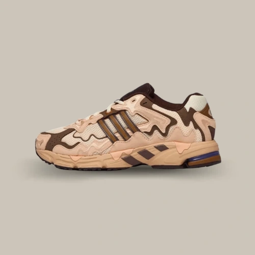 Adidas Response CL x Bad Bunny Paso Fino beige et marron en mesh et suède avec 3-Stripes bronze, vue de profil – disponible sur OFFSNEAKZ.