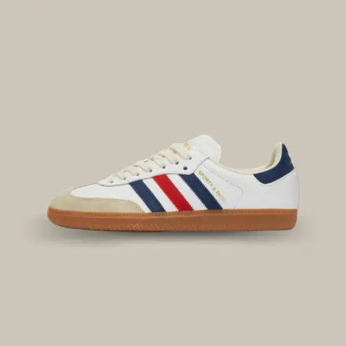 Adidas Samba OG Sporty & Rich USA en cuir blanc avec bandes bleu marine et rouge, semelle gomme et design iconique, disponible sur Offsneakz.