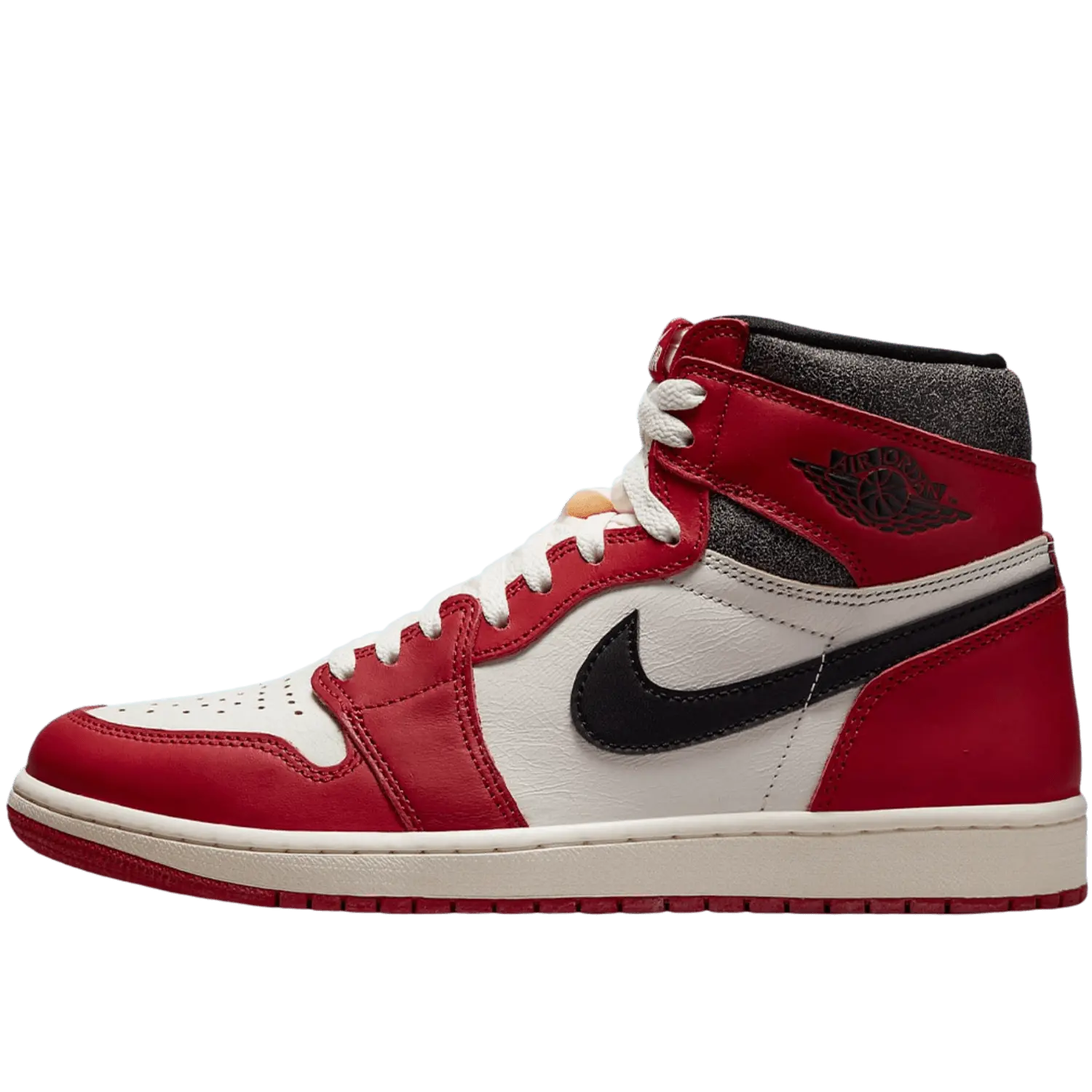 Une Air Jordan 1 Lost and Found de couleur blanche et rouge sur un fond transparent.
