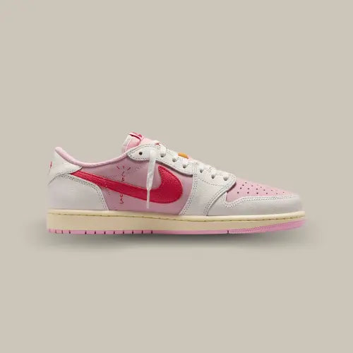 Air Jordan 1 Low Travis Scott Sail Tropical Pink vue intérieure avec détails premium rose pastel - Ofsneakz.