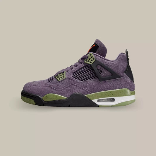 La Jordan 4 Canyon Purple avec sa base en hairy suède violet accompagné de sa cage en TPU du meme coloris.