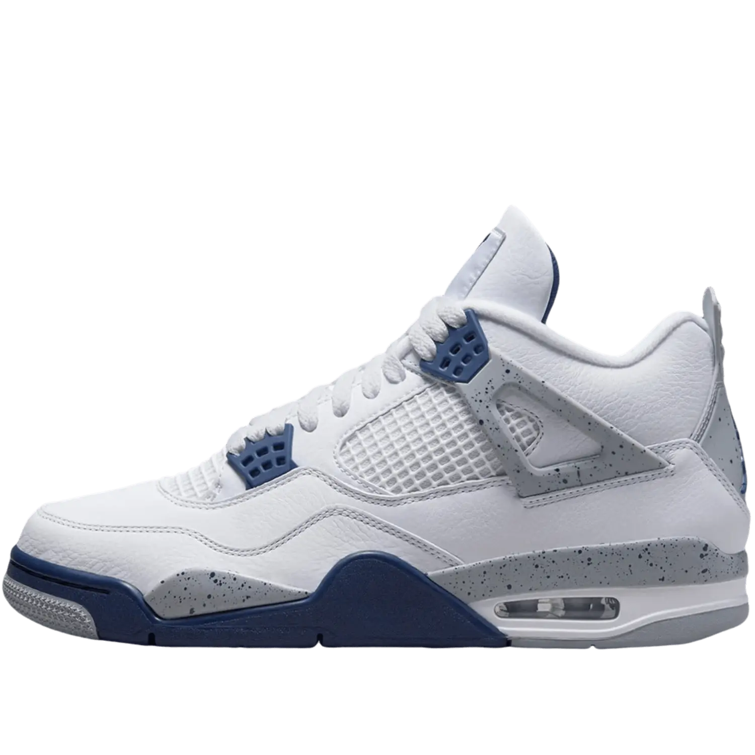 Une Air Jordan 4 de couleur blanche et violette sur un fond transparent.