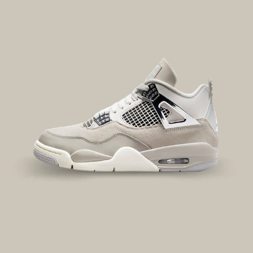 Air Jordan 4 Retro Frozen Moments Light Iron Ore et Neutral Grey avec Wings argentés, vue latérale – disponible sur OFFSNEAKZ.