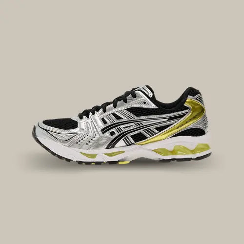 ASICS Gel-Kayano 14 Black Lemon Spark vue latérale – sneaker technique alliant noir, argent et jaune citron, disponible sur Offsneakz.