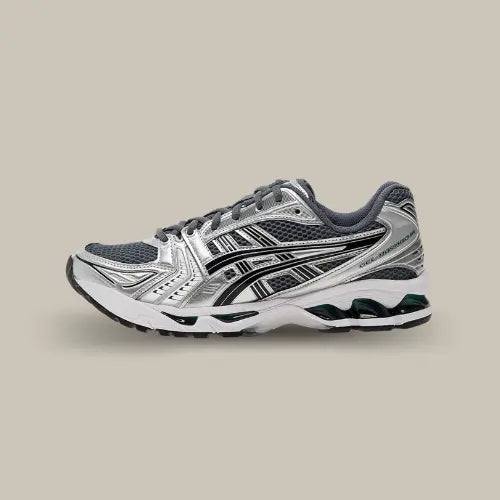 La Asics Gel-Kayano 14 Metropolis Jasper Green vue de côté avec sa base grise.