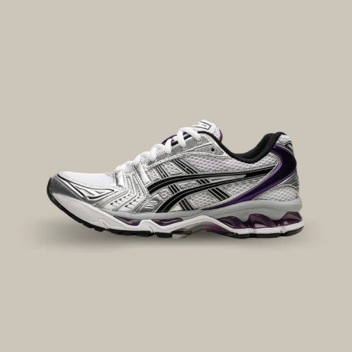 ASICS Gel-Kayano 14 White Dark Grape blanche et argentée avec détails violets – sneaker ASICS disponible sur OFFSNEAKZ