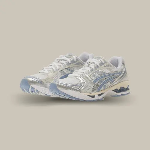 Paire de ASICS Gel-Kayano 14 White Light Navy vue de trois quarts- Offsneakz