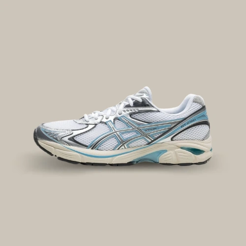 ASICS GT-2160 White Pure Silver blanche et argentée avec détails bleu clair, sneaker ASICS vue de profil disponible sur OFFSNEAKZ.