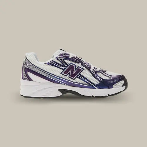 New Balance 740v2 Concord Grape blanche et violette avec détails métallisés, logo N sur le côté et semelle ABZORB, disponible sur Offsneakz.