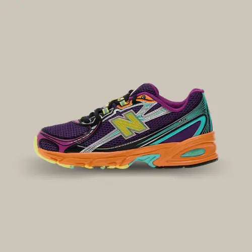 New Balance 740v2 Concord Grape Sun Glow – sneaker running rétro en mesh violet avec accents orange, turquoise et jaune, technologie ABZORB, disponible sur Offsneakz