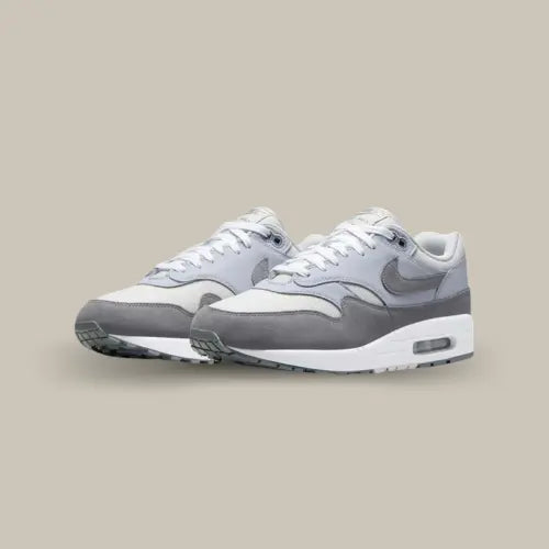 Nike Air Max 1 '87 Photon Dust Wolf Grey vue de trois quarts, paire de sneakers en mesh blanc et suede gris avec semelle blanche et unité Air visible, style rétro moderne et finition premium.