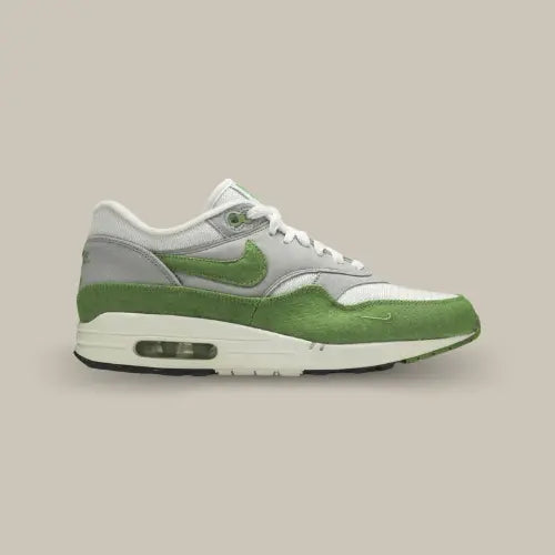 La Nike Air Max 1 Patta Chlorophyll (2024) vue de côté avec sa base grise et ses empiècements vert.