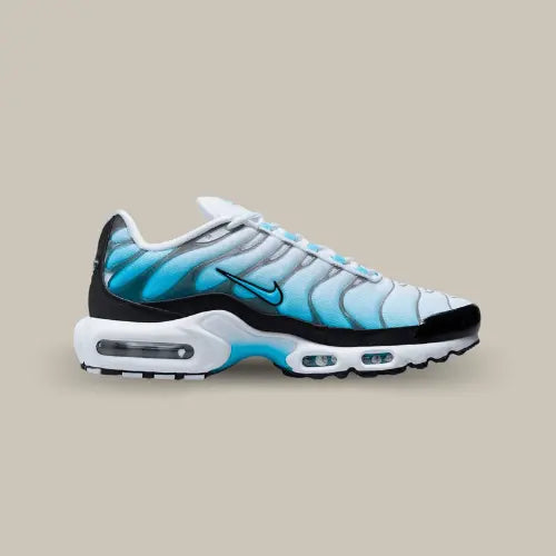 La Nike Air Max Plus Baltic Blue de côté avec son dégradé allant du blanc au bleu clair.