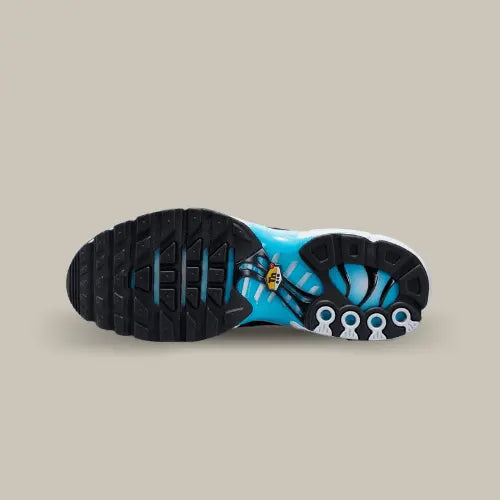 La semelle de la Nike Air Max Plus Baltic Blue comprenant le système Air Sole de couleur noir et bleu clair.