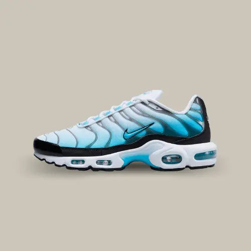 La Nike Air Max Plus Baltic Blue de côté avec son dégradé allant du blanc au bleu clair.