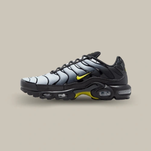 Nike Air Max Plus Black Opti Yellow – TN noire et argentée avec Swoosh jaune et unités Air visibles. Disponible sur Offsneakz.