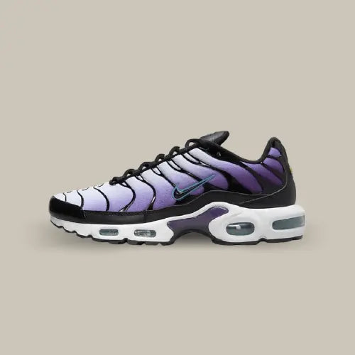 La Nike Air Max Plus Reverse Grape de côté avec son dégradé allant du blanc au violet avec ses empiècements en TPU noir.