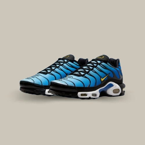 Paire de Nike Air Max Plus TN OG Hyper Blue DX0755-001 bleue et noire avec Swoosh jaune, vue de trois quarts – disponible sur OFFSNEAKZ.