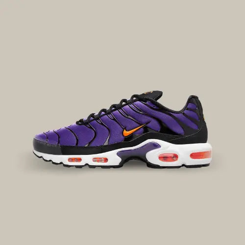 La Nike Air Max Plus Voltage Purple de côté avec son coloris violet et ses empiècements en TPU noir.