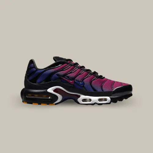 La Nike Air Max Plus Patta FC Barcelona de coté avec son dégradé du rouge au bleu, ses deux swoosh, l'un bleu, l'autre rouge et les bulles d'air rouge.