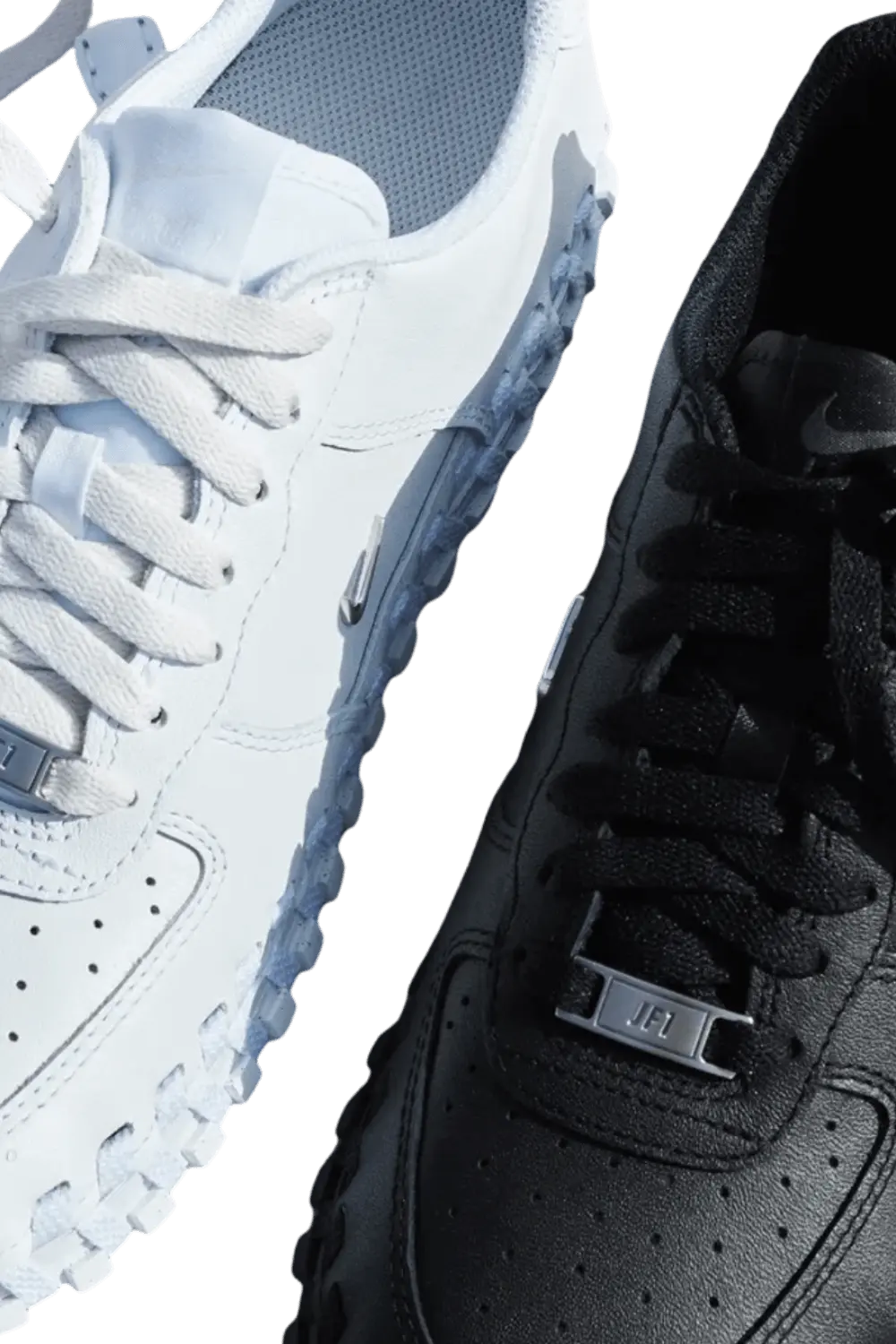 Une Nike J Force1 de cloueur blanche et une nike j force 1 de couleur noir sur un fond transparent.