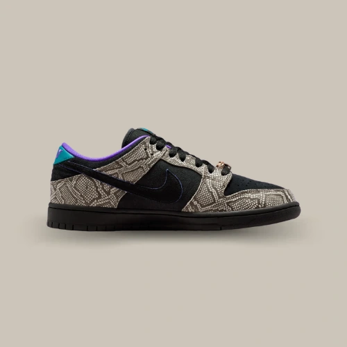 Dashawn Jordan x Nike SB Dunk Low Copperhead noire et beige avec Swoosh noir et accents turquoise et violets, vue de profil – OFFSNEAKZ.