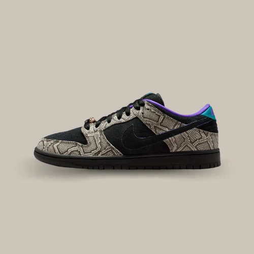 Nike SB Dunk Low x Dashawn Jordan Copperhead noire et beige avec empiècements effet peau de serpent et détails violets – OFFSNEAKZ.