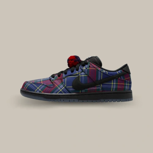 Nardwuar x Nike SB Dunk Low Tartan à carreaux multicolores et Swoosh noir, vue latérale – disponible sur OFFSNEAKZ.