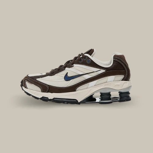 Nike Shox Ride 2 Baroque Brown Diffused Blue en mesh beige avec empiècements marron et Swoosh bleu, vue latérale – disponible sur OFFSNEAKZ.