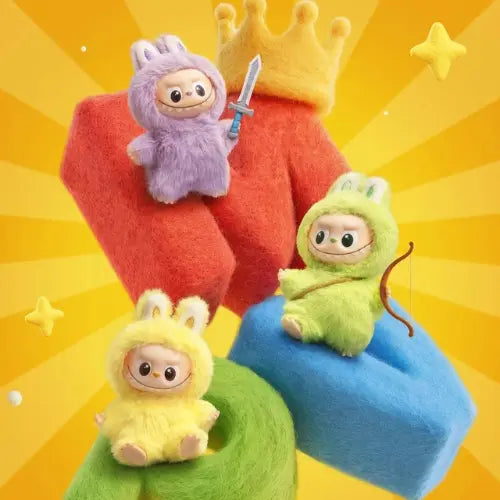 Figurines Labubu Pop Mart The Monsters Pin for Love en peluche vinyle violet, jaune et vert avec accessoires de roi – collection blind box N-Z.