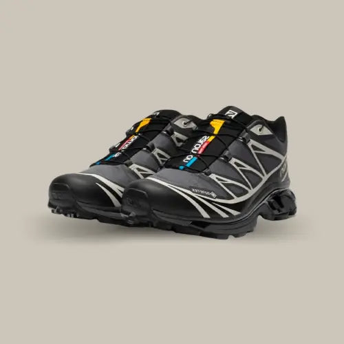Sneakers Salomon XT-6 Gore-Tex Black Lunar Roc noires avec détails techniques et semelle trail imperméable, disponible sur Offsneakz.