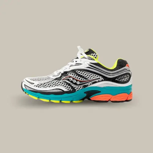 Saucony ProGrid Omni 9 Silver Mutant avec mesh argenté et accents turquoise, orange et jaune fluo - Offsneakz.