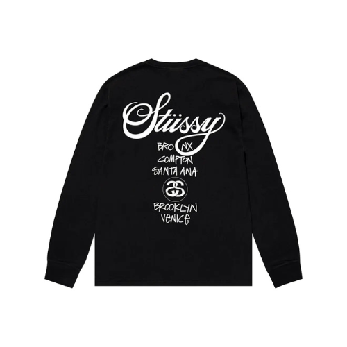 Stüssy World Tour Crewneck Noir avec imprimé au dos des villes emblématiques Bronx, Compton, Santa Ana, Brooklyn et Venice. Disponible sur Offsneakz.